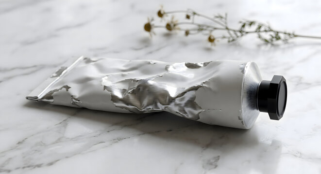 Blank crumpled metallic squeeze tube mockup on white marble - V1
