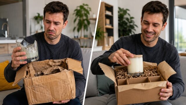 Damaged candle parcel and careful gift box unboxing