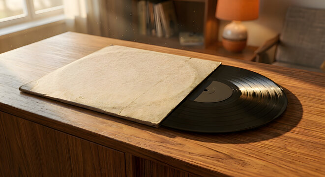 Blank vinyl record sleeve mockup on mid-century teak wood credenza - V1