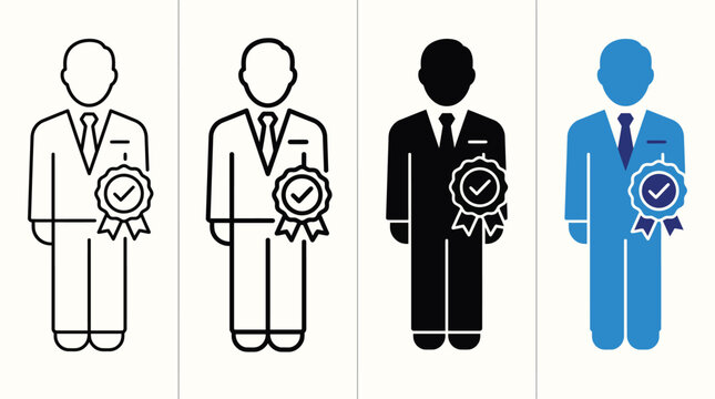 Expert professional certification badge icon collection, identical qualified person symbol in thin outline, bold outline, solid glyph and flat blue corporate vector styles