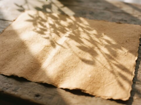 Vintage paper with natural light shadow texture on rustic wooden surface