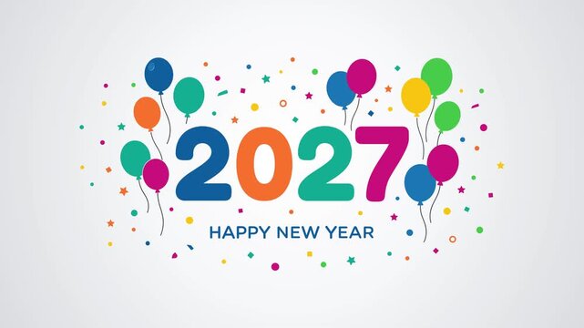 Happy New Year 2027 celebration with colorful balloons and confetti