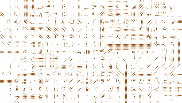 Brown halftone square pattern forming an abstract circuit board tech design