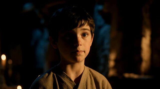 Young boy in rustic tunic speaking in dim candlelit room. Child talking in historical or biblical setting