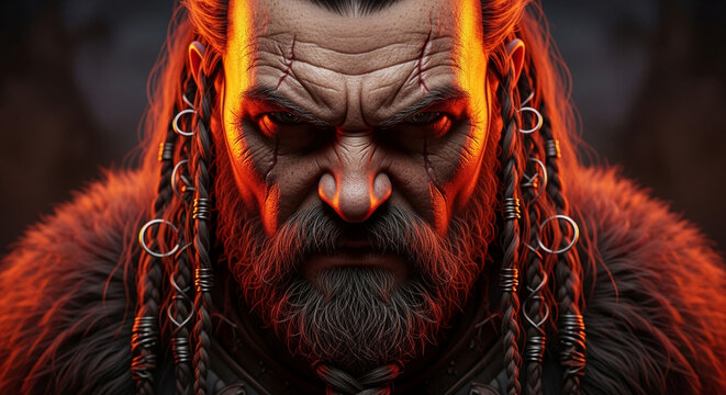 Intense close-up of a bearded warrior's weathered face with scars, illuminated by dramatic firelight, symbolizing strength and fierce determination, suitable for epic or fantasy themes