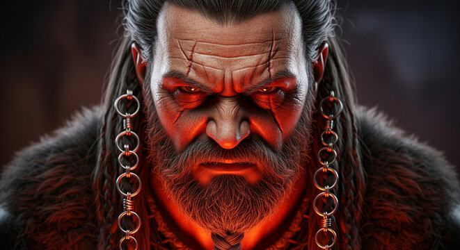 Close-up of a fierce, scowling warrior face with scars and fiery eyes, symbolizing power, strength, and ferocity, suitable for epic or fantasy themes