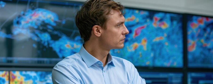 Man analyzing weather data on large monitoring screens