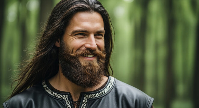 Bearded man with long hair smiling in a forest, representing nature, freedom, and strength, ideal for lifestyle or adventure themes