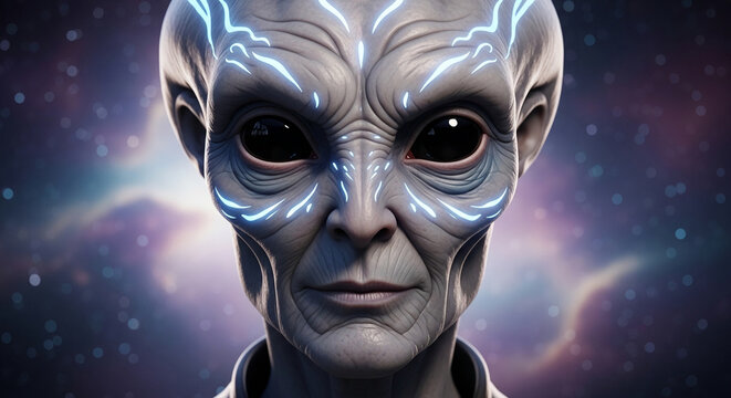 Close-up of an alien face with glowing blue markings, set against a cosmic bokeh background, symbolizing extraterrestrial mystery and the unknown