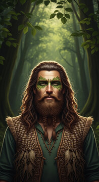 Man with green face paint and leaf design in a forest setting, symbolizing nature, connection to the earth, and tribal identity