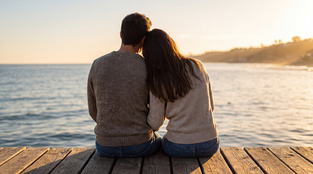 Couple seen from behind sitting on a wooden pier at sunset