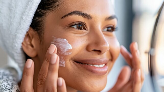 A young Middle Eastern woman hydrates her skin after a freezing walk. She applies moisturizer by a bathroom mirror, highlighting winter skincare and selfcare routines.