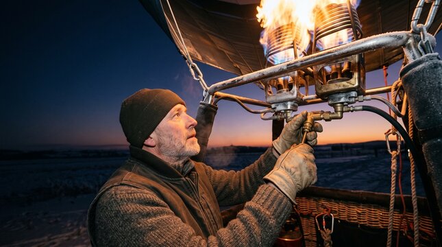 Hot air balloon pilot adjusting burner flame during sunset flight preparation