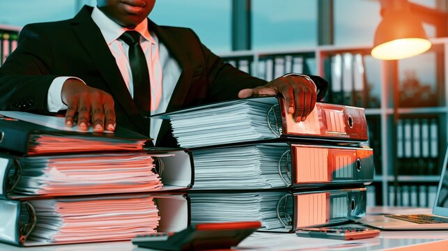 A Black male accountant in a suit closes financial ledgers at year-end. He reconciles figures with a laptop, calculator, and organized binders, signifying meticulous finance management.