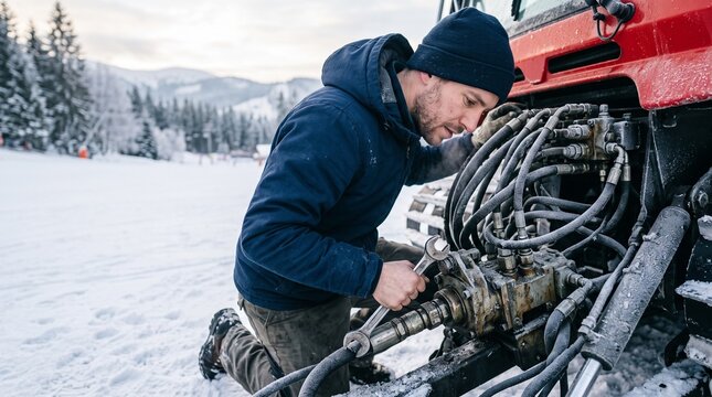 Engineer inspecting snowcat hydraulic system in winter mountain grooming operation