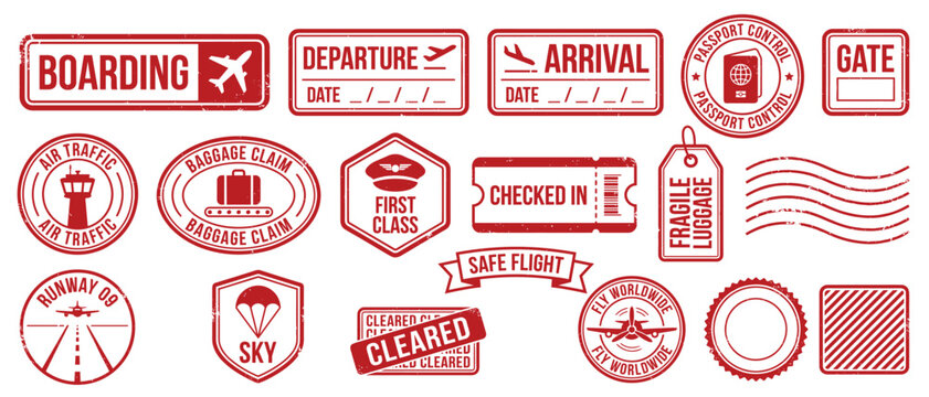 Red airport and flight stamps. Boarding, departure, arrival, gate, passport control, baggage claim, first class, checked in ticket, fragile luggage tag, safe flight labels. Airline travel vector set