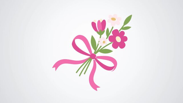 A simple and charming bouquet of pink and white flowers tied with a bright pink ribbon on a light gray background