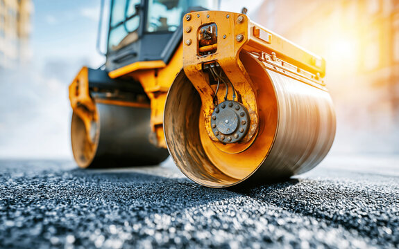 Heavy Steel Wheel Roller Compacting Fresh Asphalt on City Street