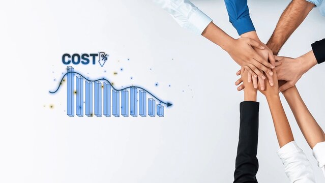 Diverse hands unite in a display of teamwork, symbolizing collaboration in financial growth, with a cost reduction graph illustrating success and shared goals. Raster
