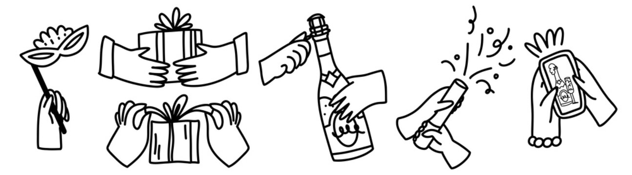 Horizontal hand drawn New Year party doodle border with champagne bottle, gifts, wrapped presents, festive accessories and celebration elements for holiday cards, banners and invitations