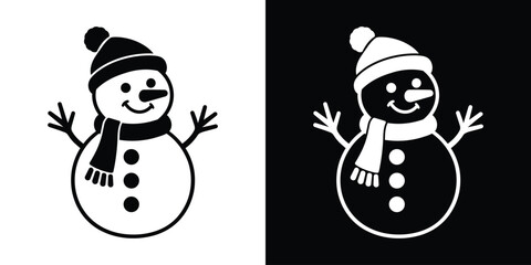 Obraz premium Cute snowman wearing a Santa hat and scarf icon set, available in black and white minimalist style for winter holiday vector designs. 