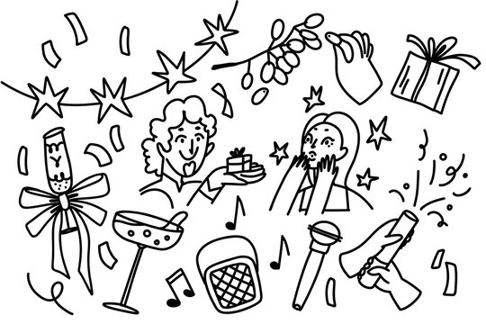 Large hand drawn Valentines Day party doodle composition with champagne, gifts, party hats, balloons, confetti, sparklers and celebrating people for festive cards, posters and event design