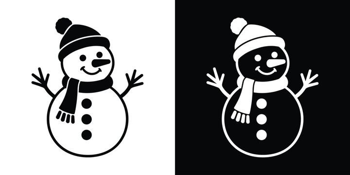 Cute snowman wearing a Santa hat and scarf icon set, available in black and white minimalist style for winter holiday vector designs.   