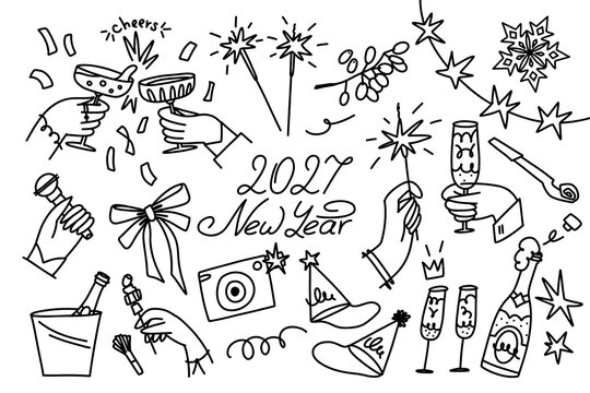Large hand drawn New Year party doodle composition with champagne, party hats, sparklers, confetti, camera, gifts and festive symbols with 2027 New Year lettering