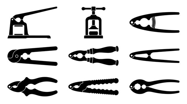 Handheld nutcracker tool silhouette icon set on white background