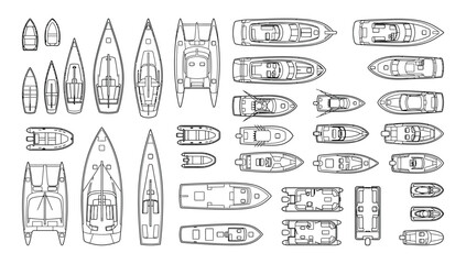 Fototapeta premium Top view boat and yacht floor plan CAD blocks, thin line outline nautical vessel symbols for marina layouts, dock planning, harbor design, marine engineering and architectural drawings