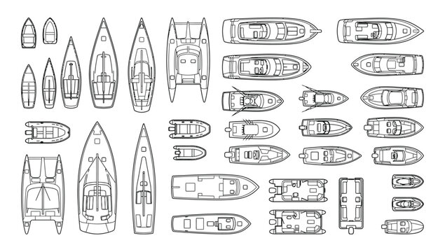 Top view boat and yacht floor plan CAD blocks, thin line outline nautical vessel symbols for marina layouts, dock planning, harbor design, marine engineering and architectural drawings