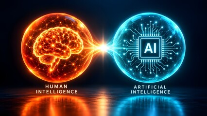 Fototapeta premium Two glowing spheres, one orange containing a neural network brain and one blue containing a digital AI chip, connected by a bright light beam
