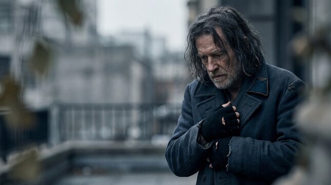 Homeless man shivering in the cold street
