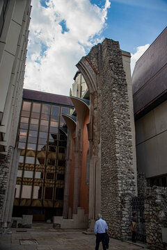 Hungary, Budapest 24 03 2019: Vertical view showing medieval Dominican Convent courtyard ruins integrated into modern Hilton Budapest hotel architecture in Castle District.
