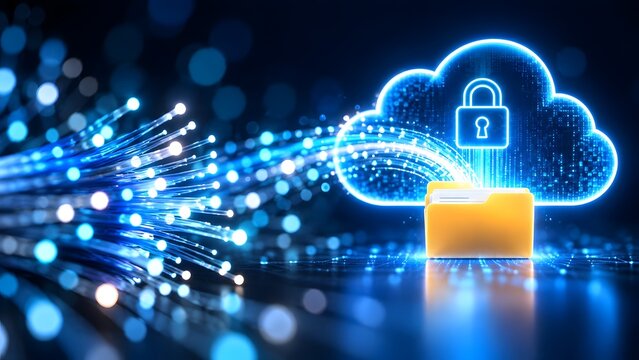 Fiber optic cables streaming data to secure cloud computing folder with padlock on dark background