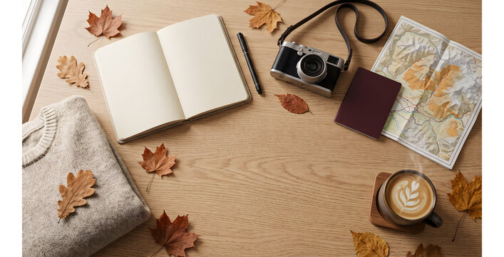 Flat lay of travel accessories, notebook, map, camera, and autumn leaves on a wooden table.