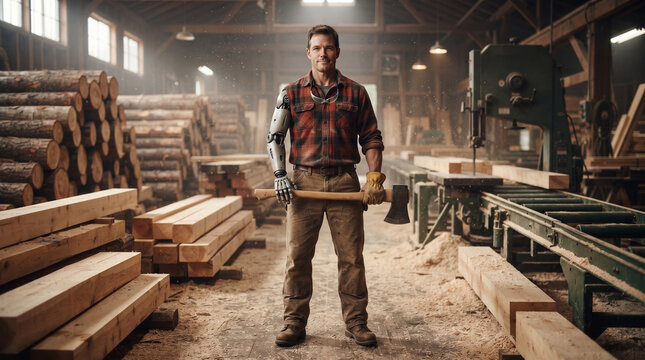 Worker with arm prosthesis standing in a sawmill holding an axe, representing disability inclusion, accessible employment, workplace adaptation and equal opportunities in timber work