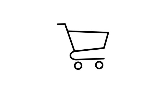 Minimalist black line drawing of a shopping cart moving across a white background.