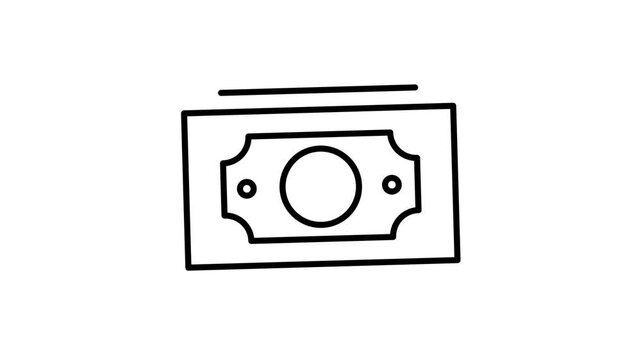 Minimalist black and white line animation of a banknote bill icon on white background.