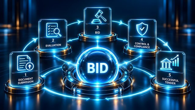 Digital bidding process flowchart with stages document submission evaluation bid control compliance and successful tender presented in a futuristic neon interface.