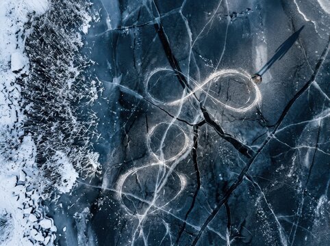 Frost covered ice sheet with glowing loops and cracked winter surface