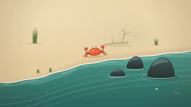 Cinematic minimalist flat illustration of a small red crab sidestepping along a sandy shoreline while foamy ocean waves wash in and out, teal water shimmers around dark coastal rocks, and beach grass