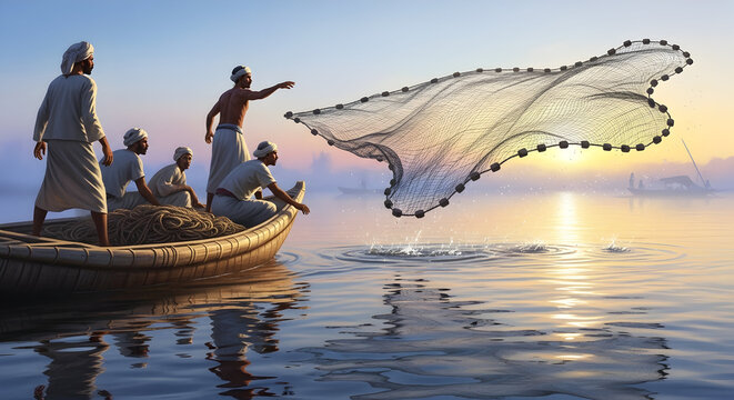 Fishermen Casting Net From a Traditional Wooden Boat