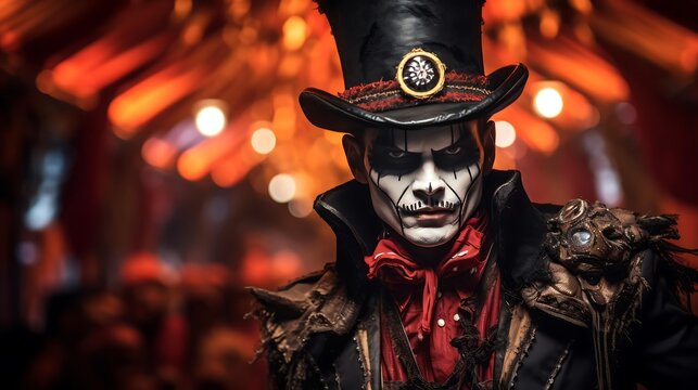 Circus ringmaster with dramatic makeup and top hat performing during a vibrant carnival at night