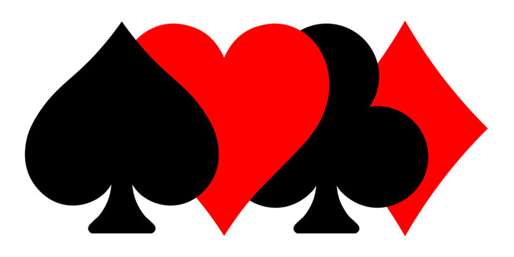 Poker card suits - hearts, clubs, spades and diamonds isolated on white background. Casino gambling theme illustration. Partly overlapped black and white vector shapes