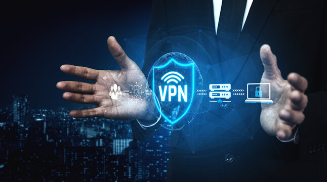 Businessman Presenting VPN Technology with Digital Elements Against a Cityscape Background for Cybersecurity and Online Privacy Concepts Sigmoid