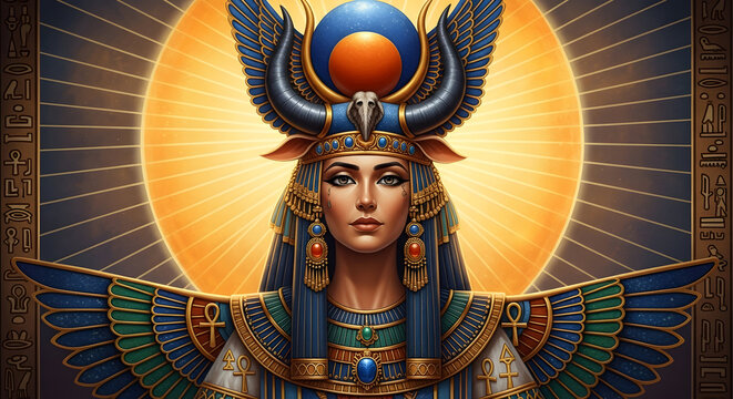Egyptian Goddess Isis Portrait With Solar Halo