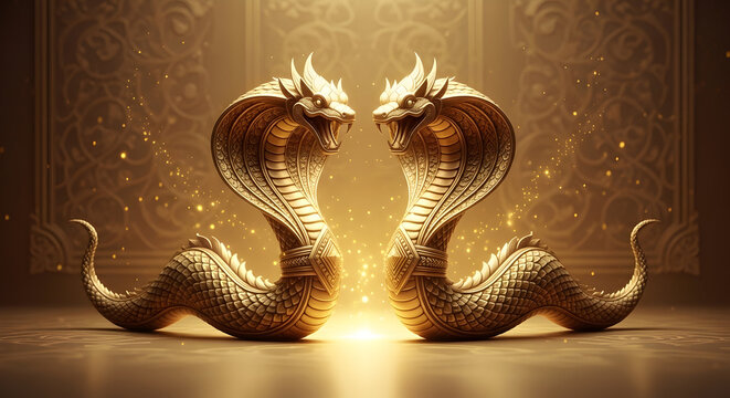 Mirrored Golden Cobras With Glowing Sacred Light