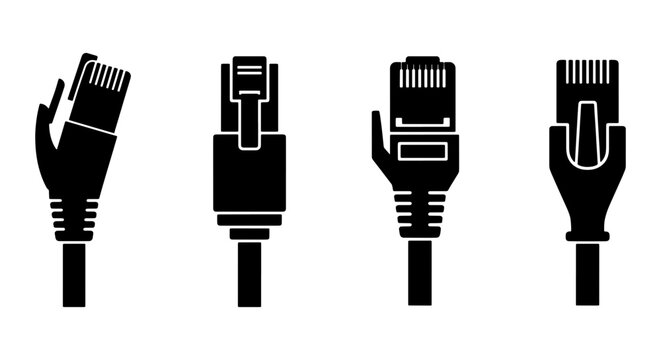 Ethernet cable connector silhouettes set for network and technology logos