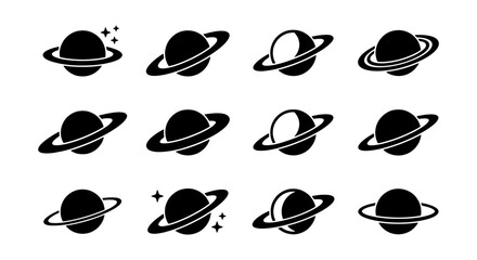Planet silhouettes set with rings and stars for space exploration and science © Likhon
